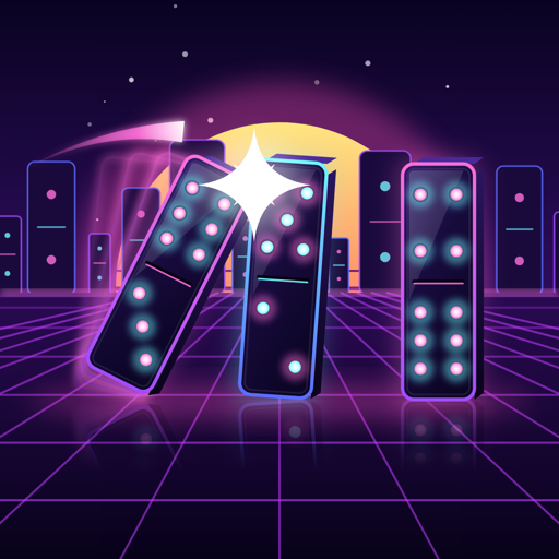 Tumbleway icon: three neon dominoes falling in front of a city of giant dominoes